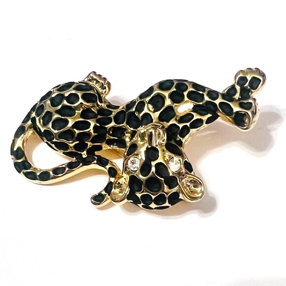 Gold & Black Leopard Spots Cat Beast Kitten Brooch Rhinestone Accents 2.25" - Picture 2 of 6